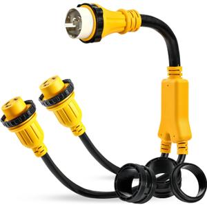 Marine Shore Power Y Splitter SS2-50P Male 50A to (2) 30A L530R Female, 50 Amp 125/250V SS2-50P to L5-30R Y Adapter w/Locking Ring & Collar, 50A to Dual 30A Shore Power Cord, STW 10 AWG, 3FT