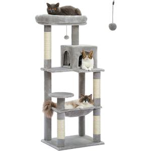 PETEPELA 56.3" Cat Tree for Indoor Cats Large Adult with Hammock, Grey | Super large 20"x16" padded hammock holds cats up to 20 lbs; 4 smooth sisal posts, condo, plush top perch & dangling ball