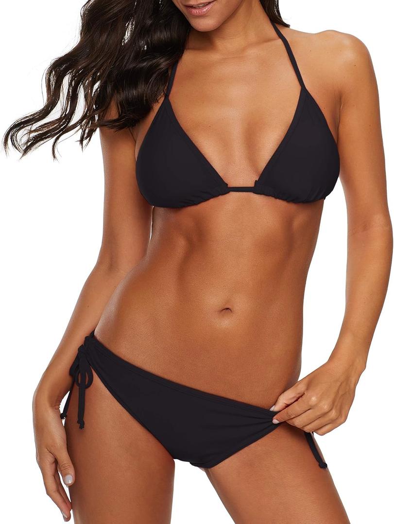 American Trends Women's String Two Piece Halter Top Triangle Bikini Set with Tie Side Bottom Sexy Swimsuit Bathing Suits (4-6, 01 Black)