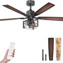 Consciot 52 Inch Ceiling Fans With Lights Remote, Modern Farmhouse Caged Ceiling Fan, Reversible Motor, 5 Double Finish Wood Blades, Rustic Ceiling Fan For Porch, Living Rooms, Bedroom, Hunter Black