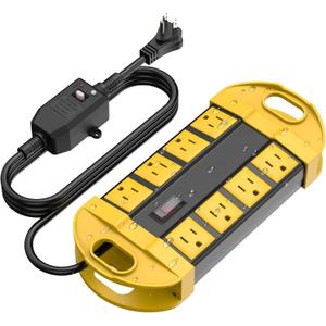 CCCEI GFCI Outdoor Power Strip Weatherproof with 8 AC, Waterproof Extension Cord with Multiple Outlets, Wall Mount Surge Protector Flat Plug, Christmas Exterior Garden, Yard, 15FT, Yellow.