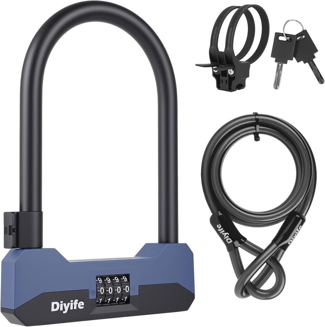 Diyife Bike U Lock Heavy Duty Anti Theft with 5FT Steel Cable, 18mm Shackle, 4-Digit Combination High Security Bike Lock with 2 Keys and Mounting Bracket for Electric Scooter, Ebike, Road, Motorcycle