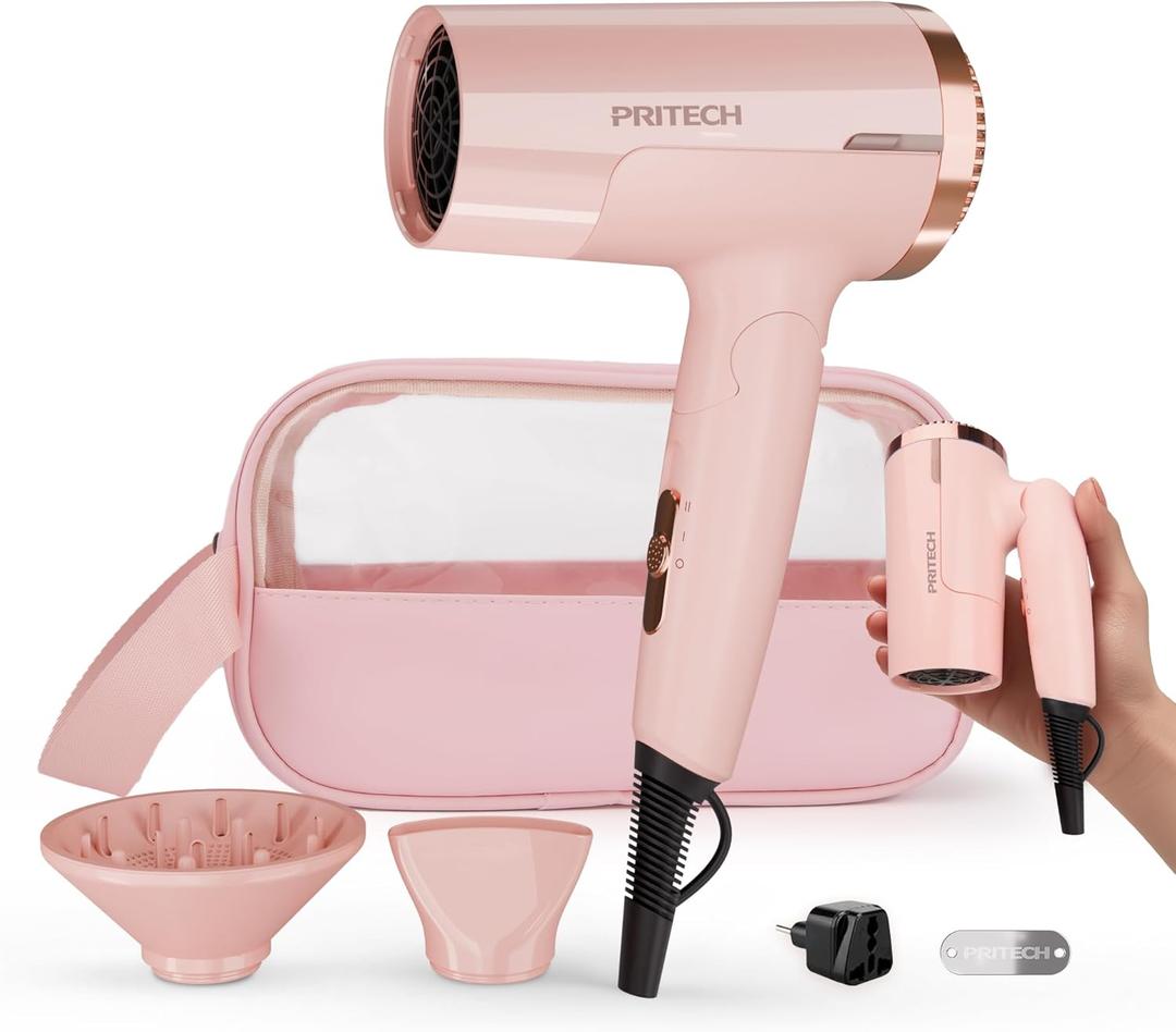 PRITECH 1250W Dual Voltage Travel Hair Dryer - Foldable Blow Dryer with Concentrator Diffuser,110V/220V Worldwide Use, Compact Lightweight Design, EU Plug Included (Pink)