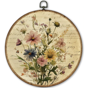 TLESKE Vintage Floral Flower Round Wall Art Decor Framed 10x10, Wildflower Botanical Canvas Wall Art Prints Artwork, Beige Wildflower Wall Hanging Room Door Decor for Bedroom Living Room
