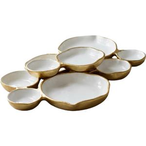 Clustered Serving Bowl, Nine-Grid Design Gold Charcuterie Tray, Elegant Snack Platter, Multipurpose Entertaining Centerpiece for Parties, Appetizers, Nuts, Fruit (White), Large