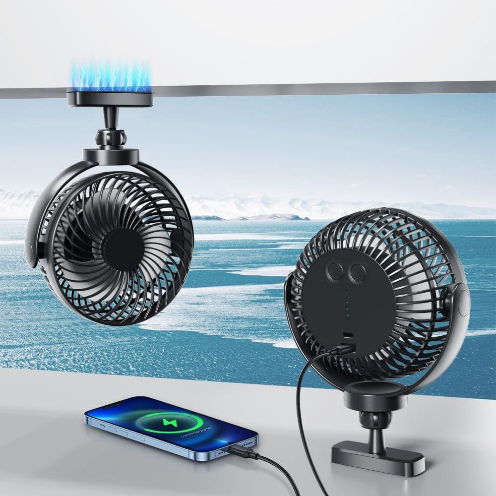 2025 Magnetic Cruise Fan Rechargeable, 10000mAh Battery Operated Portable Fan with 3 Speeds, 30H Working Time, LED Lantern, 360° Rotatable Head, Magnetically Sticks on Cabin Ceilings and Walls, Black