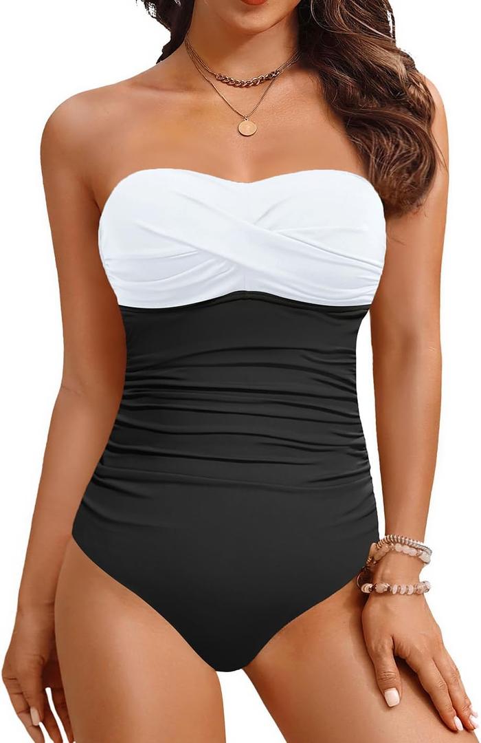 Yonique Womens Strapless One Piece Swimsuit Tummy Control Bandeau Bathing Suits Slimming Twist Front Swimwear (XX-Large, White & Black)