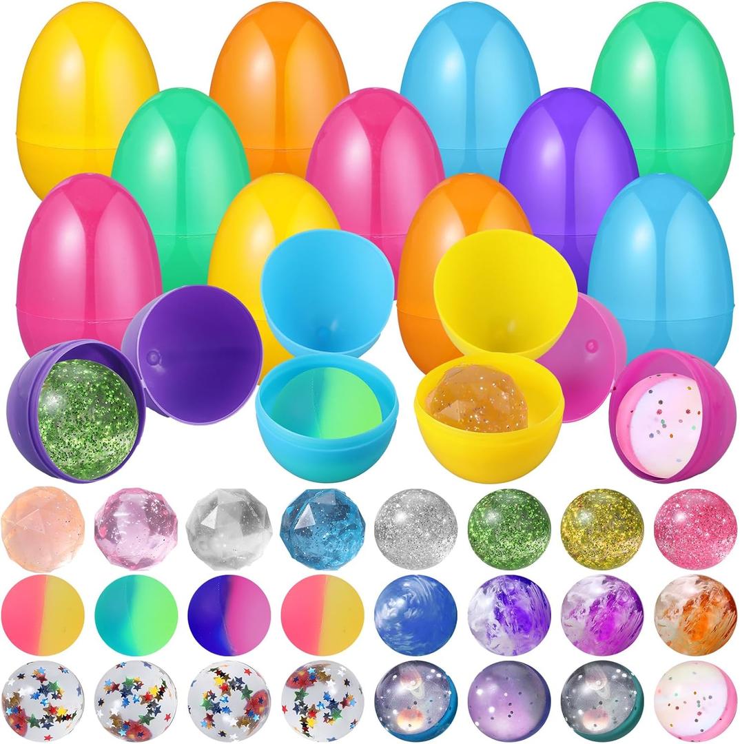24 Pack Easter Eggs with Bouncy Ball Stuffed Inside Prefilled Easter Eggs Gifts Filled with Toys for Kids Boys Girls Party Favor Hunt Gifts Basket Stuffers, 32mm 6 Styles