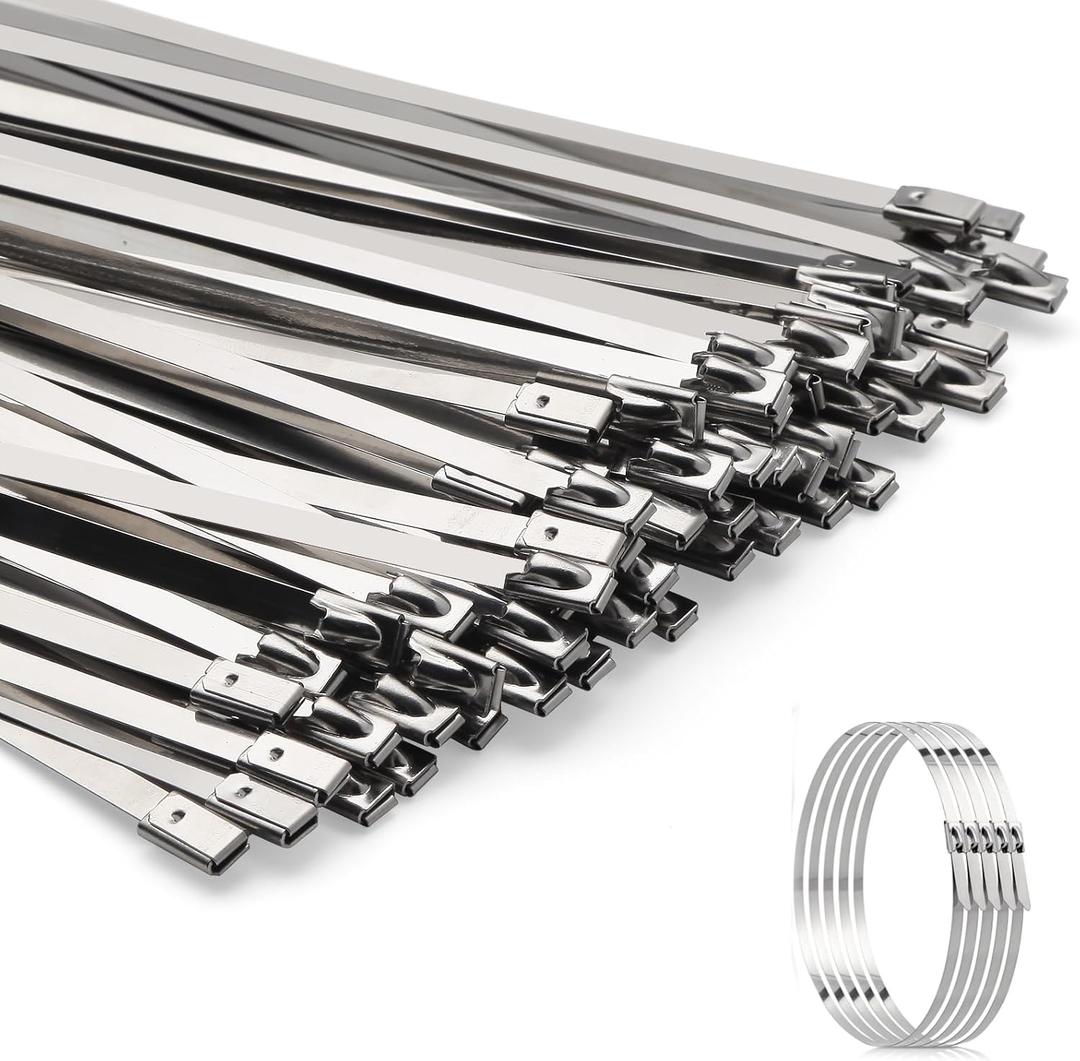 Metal Zip Ties 100pcs 11.8 Inch 304 Stainless Steel Zip Ties,Heavy Duty Metal Zip Ties, Self-Locking Rustproof Metal Cable Ties for Exhaust, Fence, Outdoor and Industrial Use