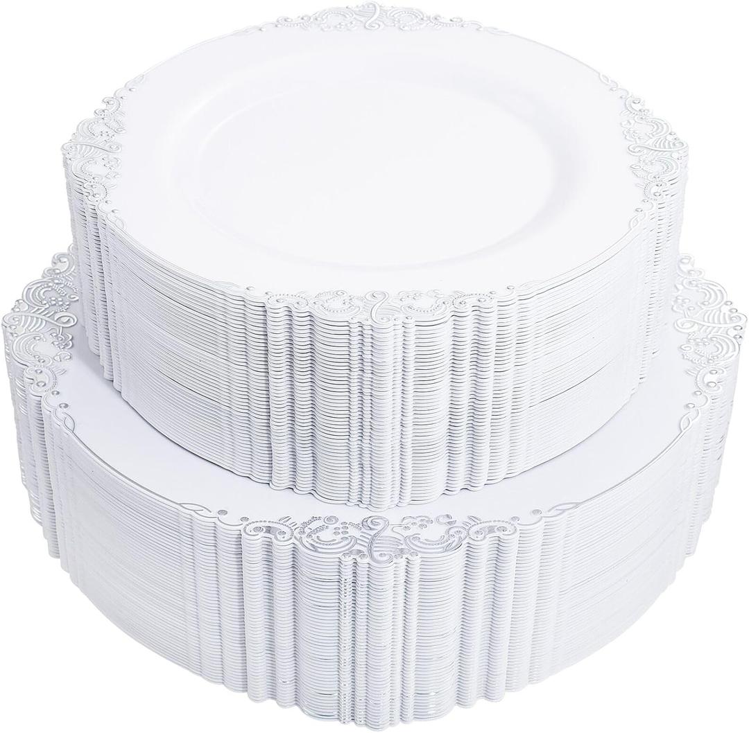 102PCS White and Silver Plastic Plates - Heavyweight Silver Plate - Wedding Plate with Silver Rim - Fancy Dinner & Dessert Plates for 51 Guests Graduation Weddings & Parties