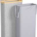 Slim Laundry Hamper, 60L Waterproof Narrow Laundry Basket with Lid and Removable Bag, Collapsible Tall Clothes Hamper with Bamboo Handles for Clothes Toys in Dorm Bedroom Bathroom, Grey