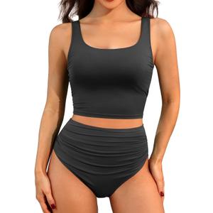 Women Two Piece Tankini Swimsuits - Crop Swim Top with High Waisted Bottom Tummy Control Bathing Suits Swimwear (Medium, Black)