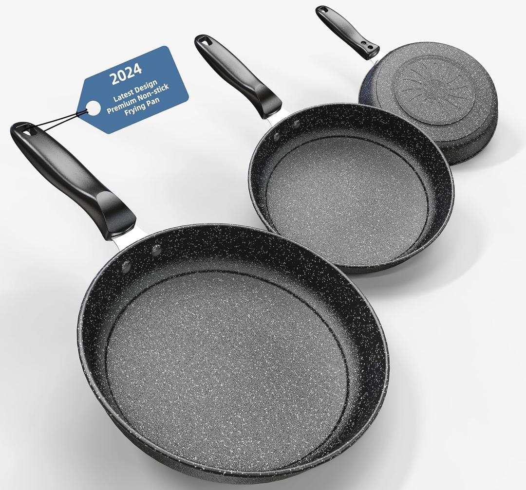 Nonstick Fry Pan Skillet Set, 10"+11"+12" Cast Iron Skillet 3 Pieces Set for Cooking, Professional Frying Pans Nonstick with Stay Cool Handle, PFAS-Free, Dishwasher Safe (OH3)
