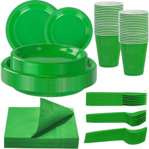 WELLIFE 210 PCS Green Plastic Plates for 30 Guests - Disposable Dinnerware Set Including Dinner Plates, Dessert Plates, 12oz Cups, Cutlery & Napkins, Green Party Plates