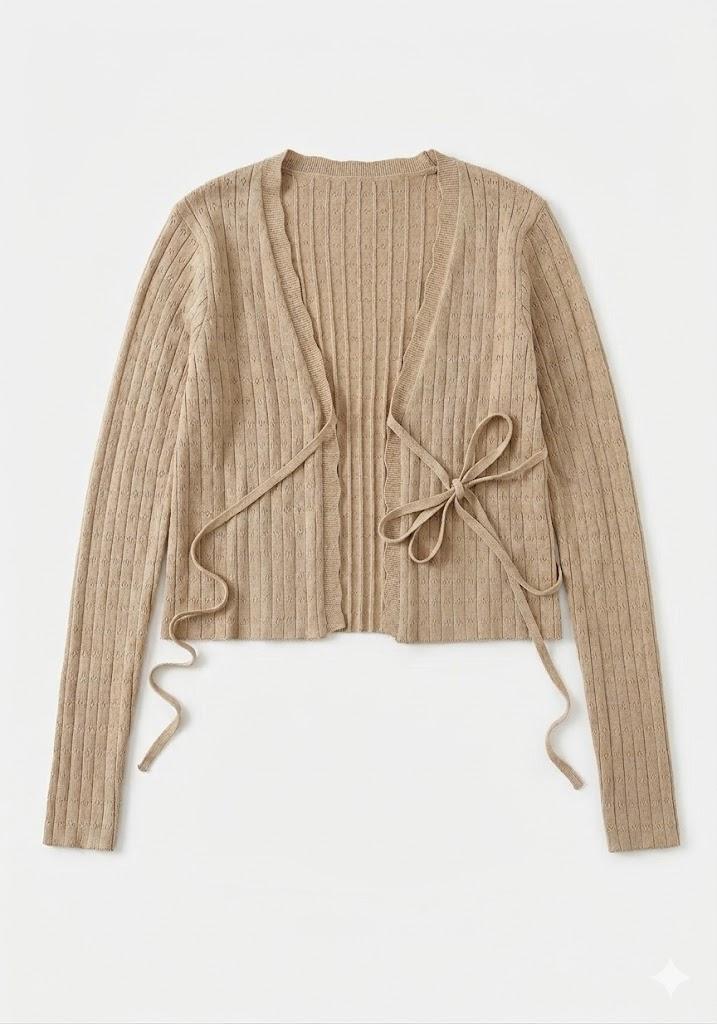 Beige Rib-Knit Cropped Tie-Front Cardigan with Long Sleeves S