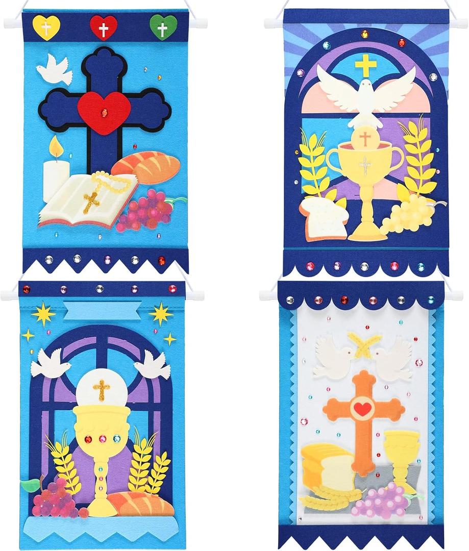 HunnmingRe 4 Set First Communion Banner Kits 9 x 14 Inch First Holy Communion Felt Banner Kits DIY Arts and Crafts Kit for Christian Church Holy Ceremony Baptism Party Decoration