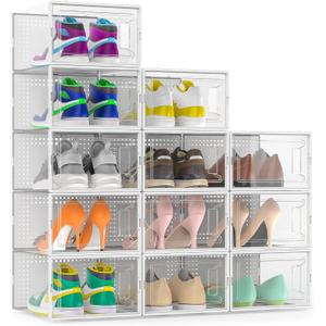 Snaxo 12 Pack Large Clear Shoe Storage Boxes, Stackable Modular Plastic Shoe Organizer Front-Opening Door, Ventilated Dust-Proof Sneaker Display Cases Closet and Entryway, White