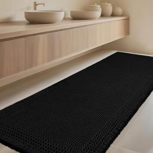 IM HOME Extra Large Waffle Bath Mat, Boho Bathroom Rugs Absorbent Non Slip, Ultra Soft Bathroom Mat, Machine Washable Knit Bath Rugs with Border for Bathroom, Bedroom, Kitchen, Shower, 5'x2', Black