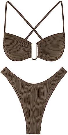 ZAFUL Women's Textured Underwire Bikini Set V Notch High Cut Swimwear Tie Side Ribbed Sexy Swimsuits.XL