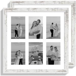 Hongkee 14x14 Picture Frame Set of 2, Distressed White with Glass Collage Frame, Display Photo Six Opening 4x6 With Mat or 14 x 14 Without Mat - Horizontal or Vertical Wall Mounting, 14x14 in matted to 6-4x6