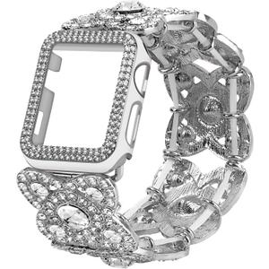 VIQIV for Bling Apple Watch Bands Series 9 8 7 6 5 4 3 SE 45mm 44mm 40mm 38mm 41mm 42mm for Women Dressy, Upgraded Starlight Stretchy Cute Bracelet with Bling Cover for iWatch Band, Diamond Rhinestone Metal Wristbands Straps (Silver)