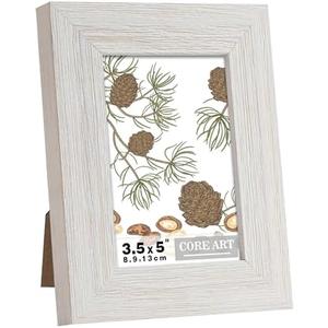 CORE ART 3.5x5 Picture Frame, Handmade Wood Rustic White Photo Frame, High Definition Semi-tempered Glass Wall or Tabletop Display