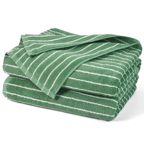 Jacquotha Bath Towels 2 Pack, Lighter & Quick Dry Towels Large 27.5 x 55 inches, Luxury Terry Cotton Towels for Bathroom Beach Swim, Forest Green & White Striped