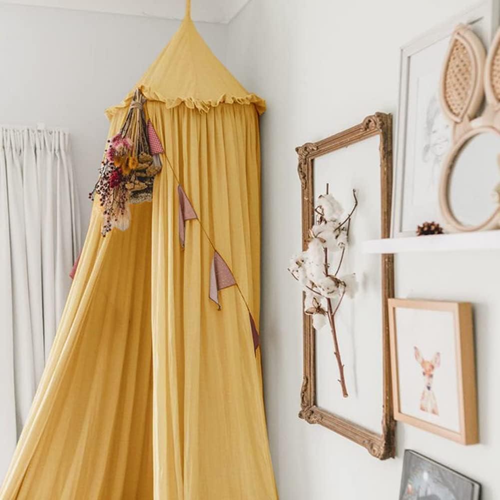 IBIZA VIBE MAMERIA Kids Bed Canopy with Frills Cotton Cover Net for Baby Crib Reading Nook Curtain Hideaway Hanging Round Tent Nursery Bedding Play Room Decor (02CNP0002-YL) (Mustard)