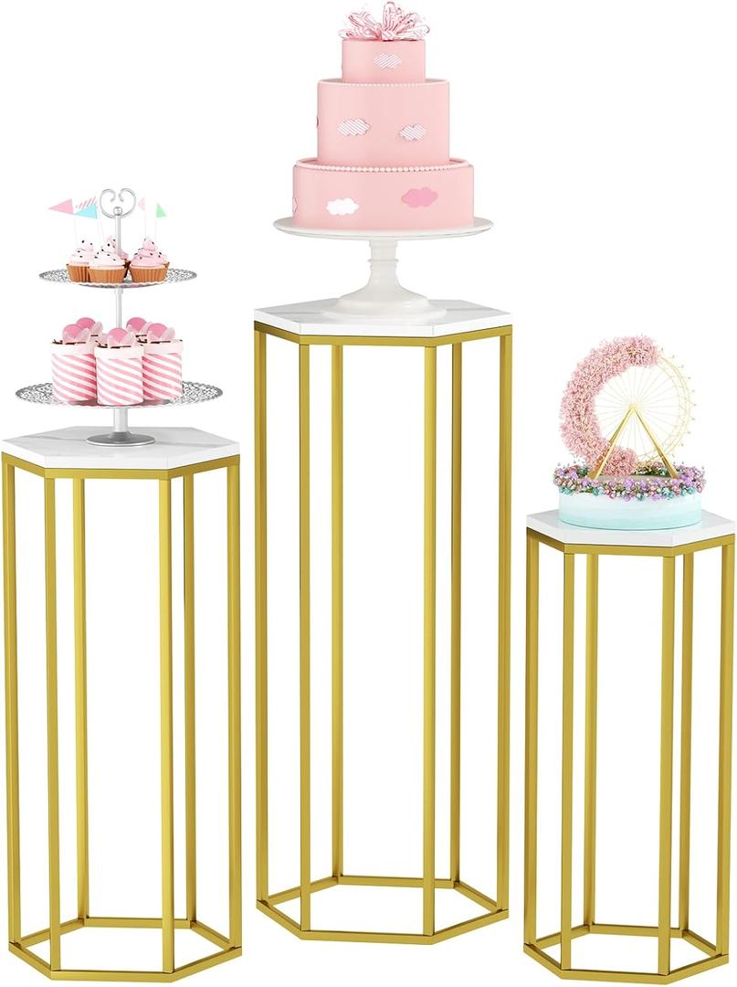 Urban Deco Cylinder Stands for Party, Set of 3 Gold Metal Hexagon Cake Pedestal Stand with Wooden Marbled Countertop, Flower Plant Pedestal Stands for Display Parties Wedding Birthday Decor, 3PCS, Gold