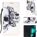 Case for iPhone 15 Pro 6.1'', 3D Wallet Case PU Leather with[Card Holder][Kickstand][Wrist Strap][Magnetic Closure] Shockproof Flip Cover for iPhone 15 Pro Rose Skull YB-3D