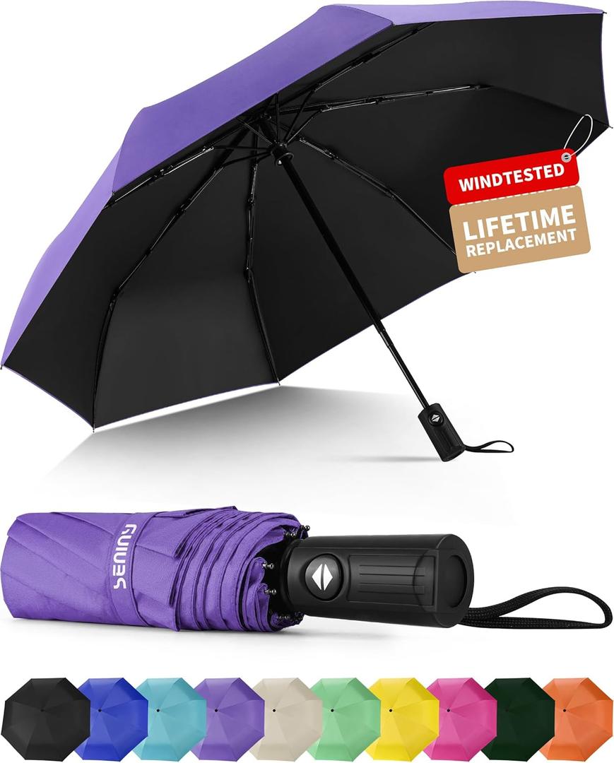 Seniny Windproof Travel Umbrella, Automatic Umbrellas for Rain, Portable & Compact Umbrellas for Backpack, Strong UV for Protection, Folding Small Sun Umbrella for Car, Walking (Purple)