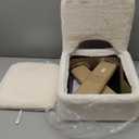 GREENSTELL Small Vanity Stool Chair with Storage and Folding Back, 13.4" x 15" x 30" Square Faux Fur Soft Ottoman, 4 Metal Legs with Anti-Slip Feet, Furry Padded Seat for Makeup, Bedroom, White