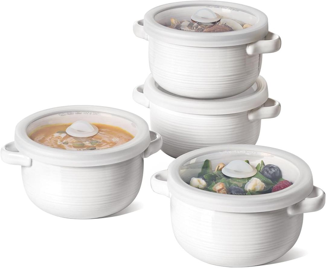 LE TAUCI French Onion Soup Bowls, 28 oz Ceramic Soup Crocks with Handles & Silicone Lids, Oven & Microwave Safe Containers for Meal Prep & Leftovers, Lead & Cadmium Free, Set of 4, White