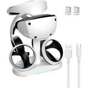 Charging Station for PSVR 2, Vertical PlayStation VR2 Headset Display Stand, Dual PSVR2 Controller Charging Dock with LED Indicator, 9 RGB Light Modes (White)