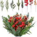 56 Pcs Christmas Artificial Pine Branches Faux Greenery Pine Picks Needles Christmas Twigs Stems Artificial Red Orange Gold Berry Stems for DIY Garland Wreath Xmas Home Garden Decor