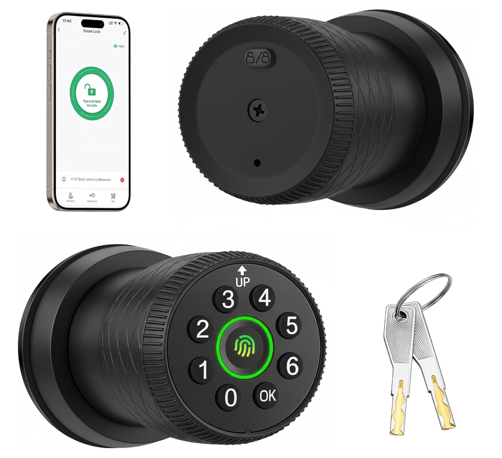 Leydebong Keyless Entry Fingerprint Door Knob, Smart Biometric Door Lock with Keypad Passcode Door Knob with Auto-Lock for Front Door, Bedroom, Gate & Office, Finish in Satin Brass