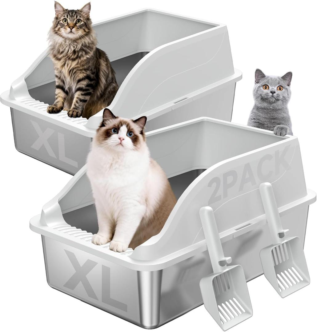 2PACK Stainless Steel Litter Box, Extra Large XL Odor Free Metal Litter Box with High Sides, Open Top Litter Pan Include Scoop Easy Cleaning Anti-Scratch Kitty Cat Box Anti-Urine Leakage, Non-Sticky (Light Grey(23in))