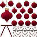 45 Pcs 3.15 Inch Christmas Ball Ornaments & Wreath Bows, 15 Flocked Tree Hanging Balls, 30 Vintage Ribbon Bows (Red, 3.15 inches)
