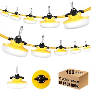 LED Construction String Light 100FT, 130W 16000Lm Industrial LED String Work Lights with 10 Bulbs, Linkable 5000K Super Bright Temporary Lighting for Construction Site, Job Site, Work Site