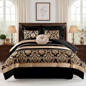 CozyDH Black Gold Comforter Set King, 7 Piece Luxury Jacquard Bed in a Bag