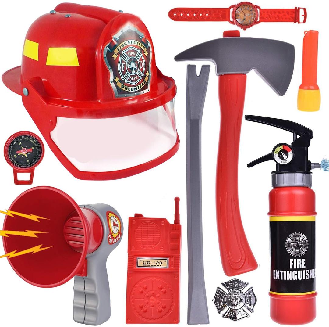 Liberty Imports 10 PCs Fireman Gear Firefighter Costume Role Play Career Dress Up Starter Toy Accessories Pretend Play Set with Helmet, Tools for Kids, Toddlers