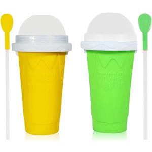 Slushie Cup, 2 Pack Slushy Maker Cup, Frozen Magic Squeeze Cups for Juice Milk Yogurt Ice Cream Make, DIY Smoothie Cooling Cup with Lid & Straw for Kids Friends Family (Yellow+Green)
