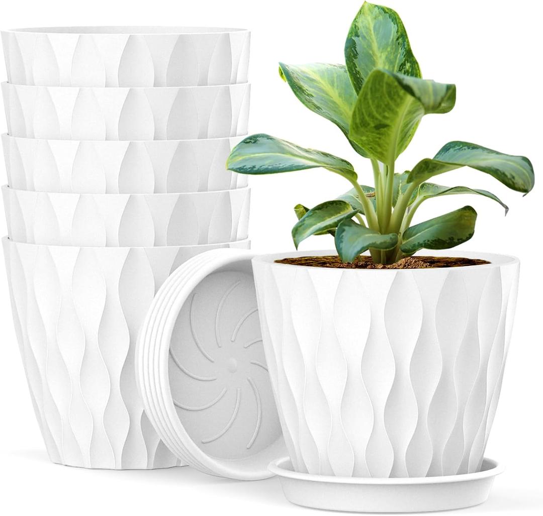 6 Pack 4 Inch Small Plant Pots with Saucers, 3D Textured Plastic Planters with Drainage Holes for Indoor and Outdoor Plants, Flowers, Herbs, Succulents, and Seedlings, White