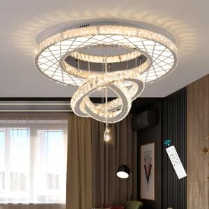 HAIXIANG Crystal Glam Chandelier LED Ceiling Light Dining Bedroom Interior Lighting Fixtures Remote Dimmable Ceiling Chandeliers 24 Inches Silver Light
