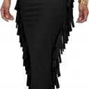 LYANER Women's Fringed Side Tassels Elastic Waist Slim Bodycon Pencil Maxi Skirts Black Small