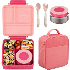 Bento Lunch Box Set for Kids with 8oz Soup Thermo, Leak-Proof Lunch Containers with 4 Compartment, Kids Thermo Hot Food Jar and Insulated Lunch Bag for Kid to School-Pink