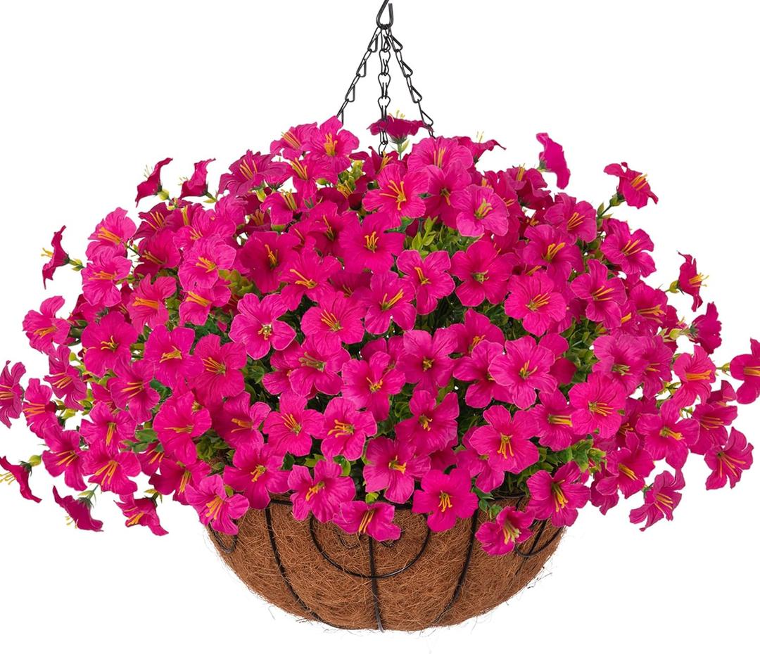 INSPRING Artificial Fake Hanging Flowers Plants Baskets for Outdoors, UV Resistant Outdoor Hanging Faux Silk Petunias in Planter Look Real Morning Glory for Outside Patio Porch Balcony Garden, Fuchsia