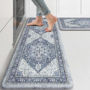 KIMODE Anti Fatigue Kitchen Mat, Cushioned Kitchen Mats for Floor 2 Piece, Boho Vintage Kitchen Rugs, Comfort Foam Standing Desk Mat for Laundry, Office, Sink Navy Blue 17"x47"+17"x29"