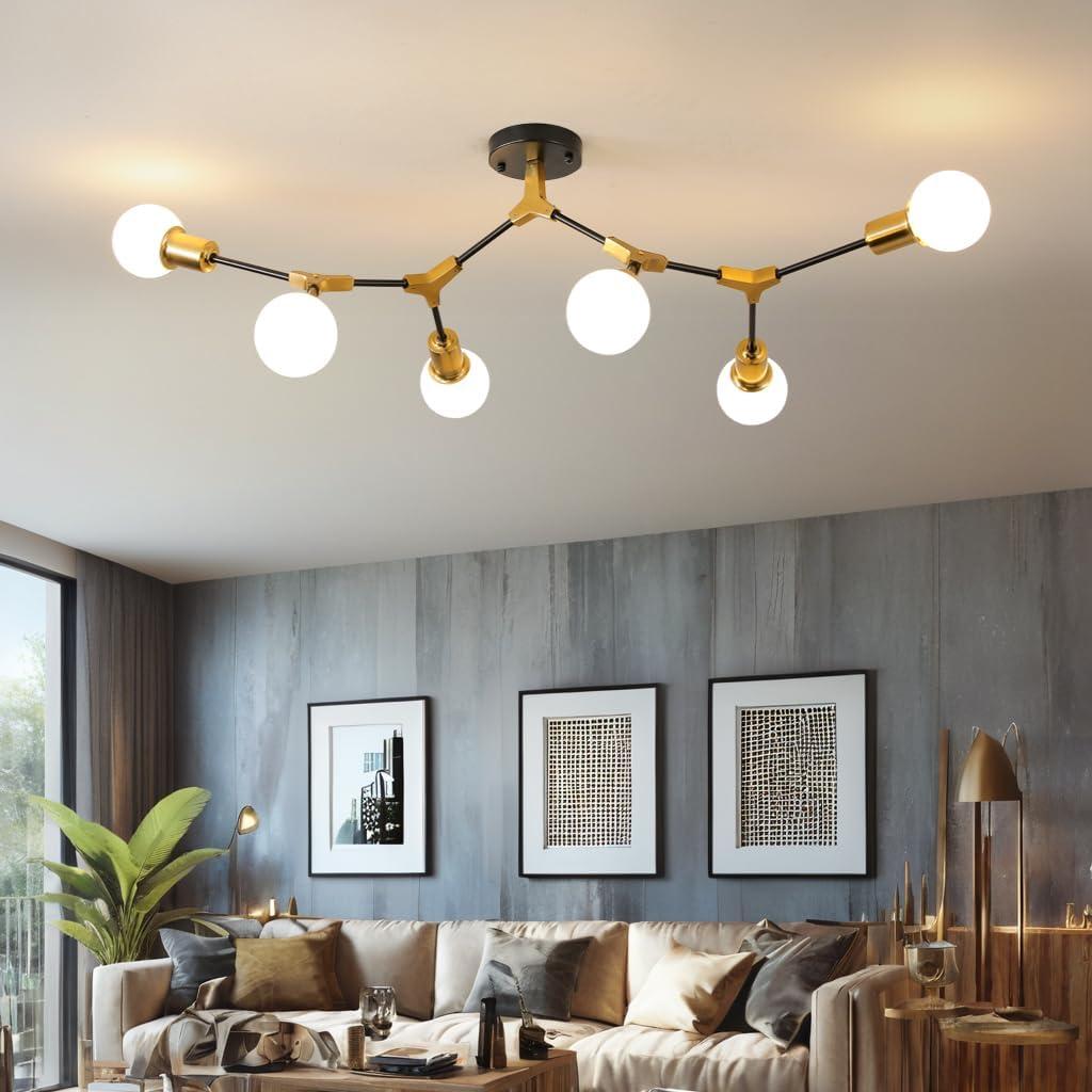 Modern Mid Century Gold and Black Large Sputnik Semi Flush Mount Ceiling Light Fixture for Bedroom Dining Room Living Room Kitchen Hallway Office,Metal 6 Light Long Chandelier