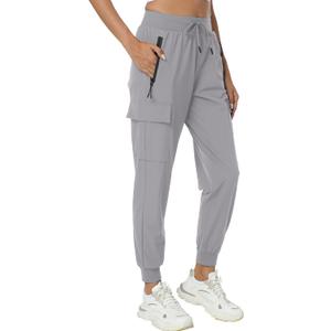 Women's Joggers with Pockets Lightweight - Water Resistant Cargo Athletic Pants for Hiking Running Camping Travel (Gray, L)
